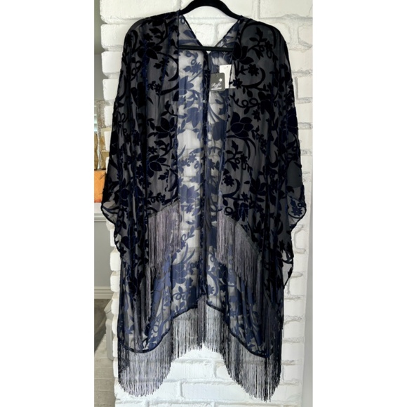 Midnight Blue Kimono, velvet burn out pattern with fringe - Picture 1 of 12